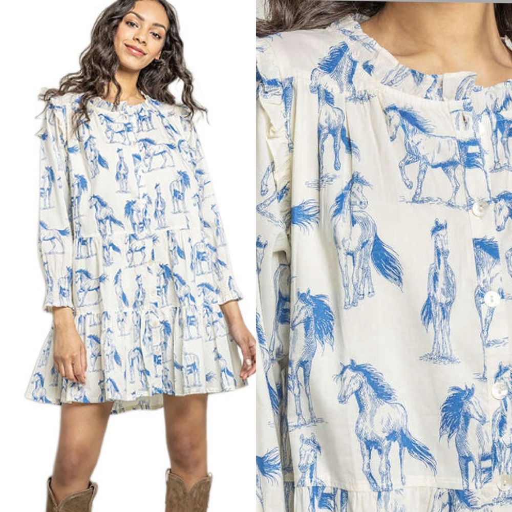 PINK CHICKEN XS women’s Kalani Dress in Blue Horses. Euc